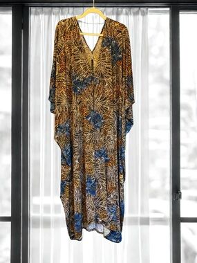 Jennafer Grace Blue Gold Animal Print Caftan Maxi Dress L/XL